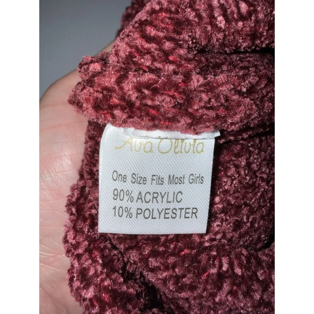 Ava Olivia Girls Chenille Beanie Hat Faux Fur Pom Pom Burgundy Gloves Cold NWT